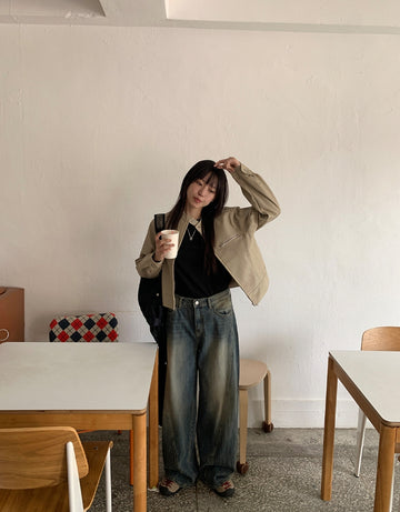 Hepo non-collar cropped leather jumper